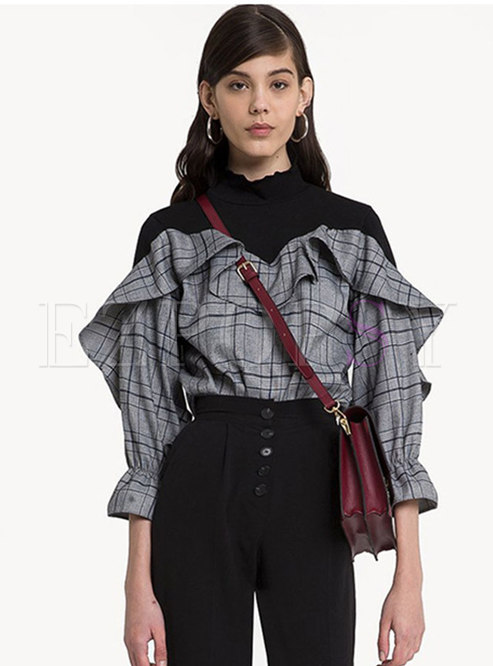 Plaid Splicing Stand Collar Pullover Blouse