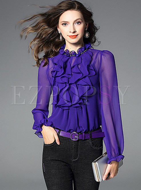 See Through Ruffle Beaded Pullover Blouse