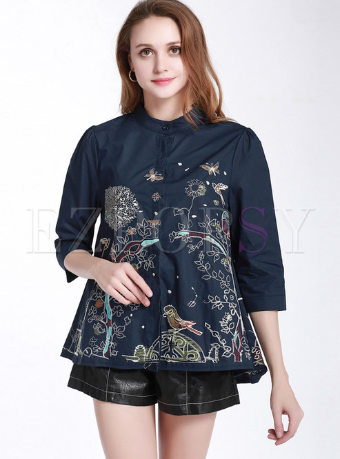 Standing Collar Single-breasted Cotton Blouse