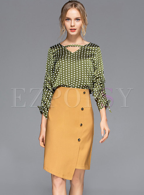 Polka Dot V-neck Blouse & High Waist Asymmetric Skirt