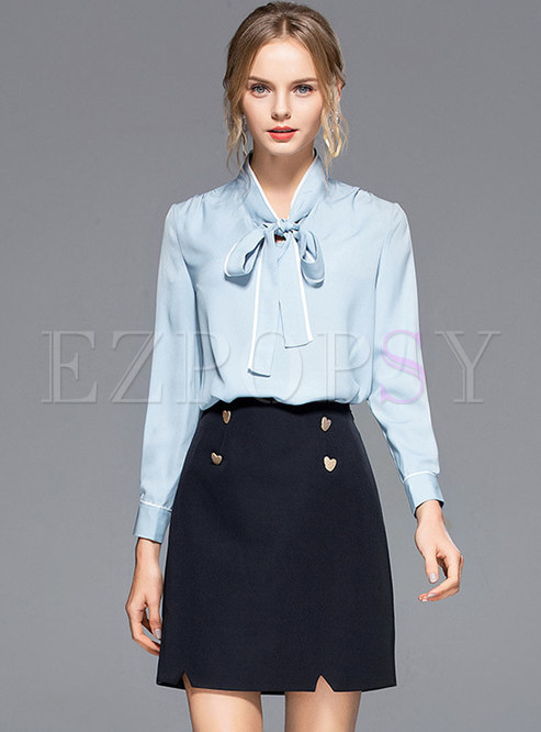 Color-blocked Stand Collar Bowknot Blouse & High Waist Mini Skirt