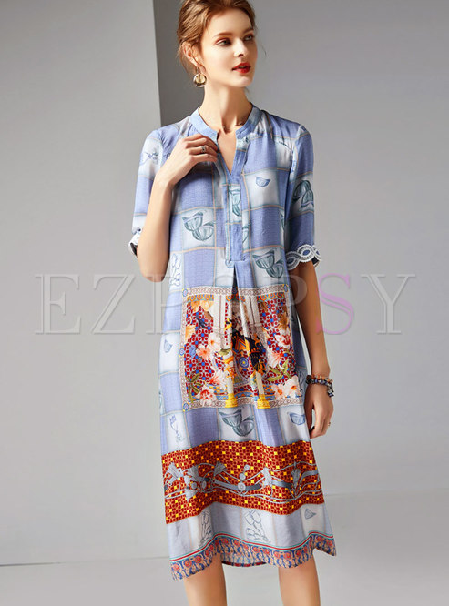 Elegant Print Half Sleeve V-neck Loose Dress