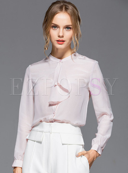 Solid Color Stand Collar Tie Blouse
