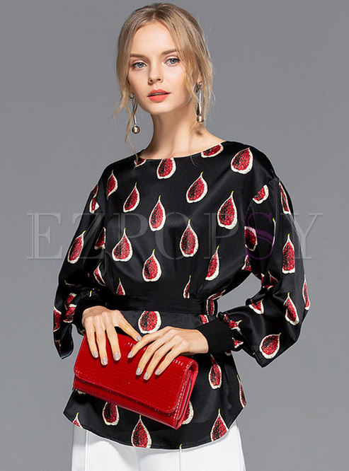 Print O-neck Belted Silk Blouse