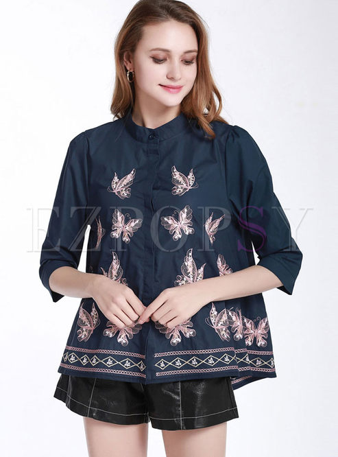 Standing Collar Butterfly Embroidered Blouse