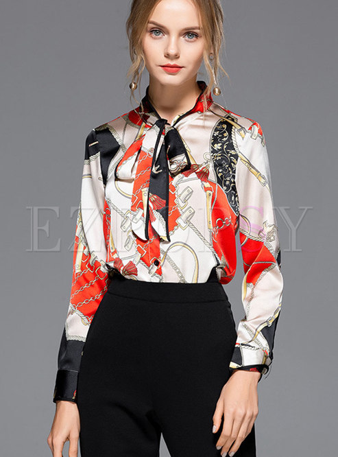 Tops | Blouses | Chic Print Stand Collar Bowknot Single-breasted Blouse