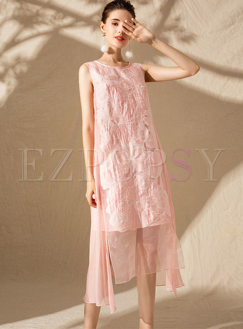 Stylish Embroidered Sleeveless Asymmetric Loose Dress