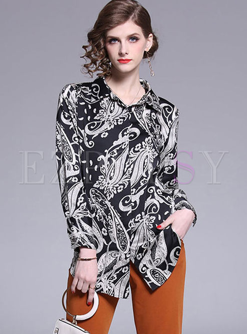 Lapel Single-breasted Print Loose Blouse