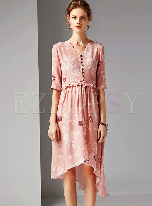Print V-neck Half Sleeve Waist Asymmetric Dress