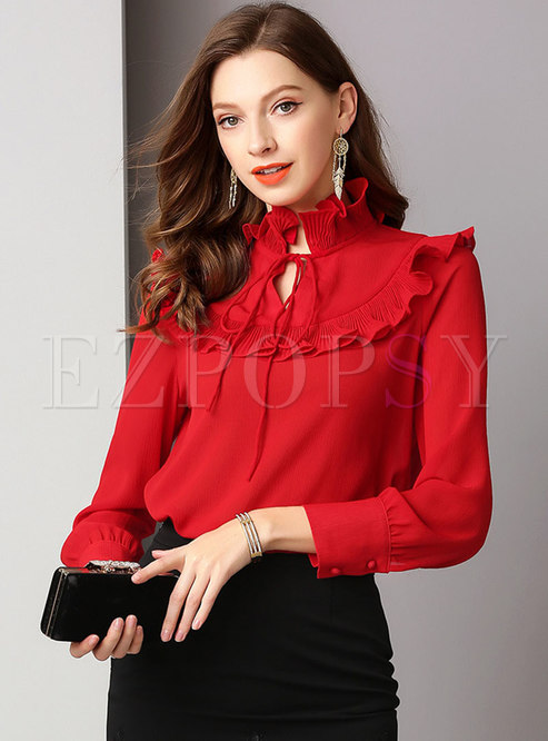 Solid Color Ruffled Collar Pullover Blouse