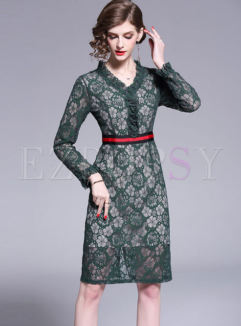 Fashion V-neck Long Sleeve Lace Bodycon Dress