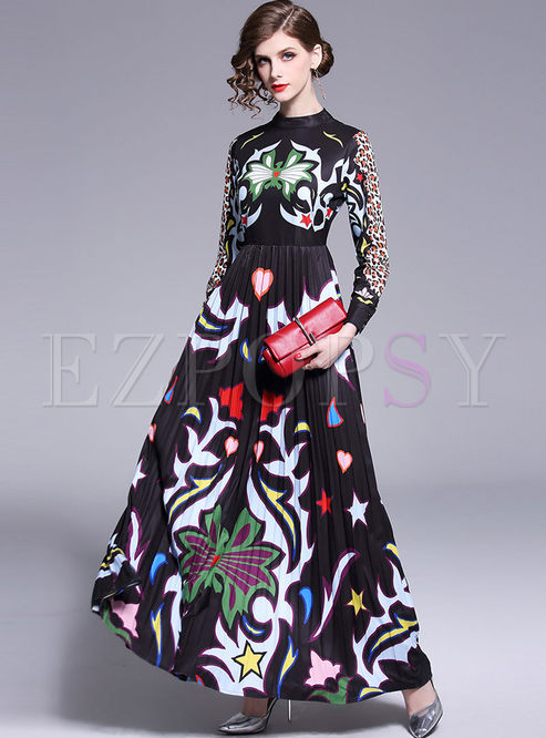 Court Mock Neck Printed Long Party Dress