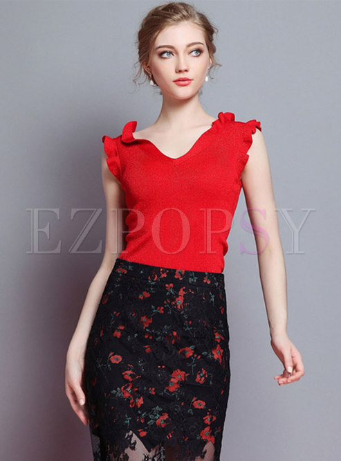 Pure Color V-neck Sleeveless Knitted Top