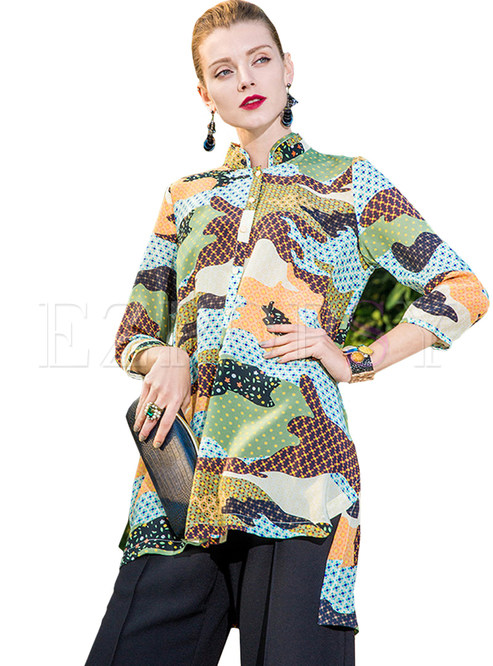 Silk Loose Hit Color Stand Collar Blouse