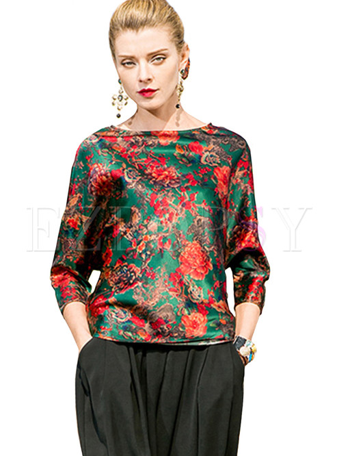 Floral Print Batwing Sleeve Blouse