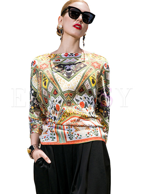 Silk Contrast Color Batwing Sleeve Blouse