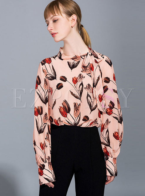 Vintage O-neck Bowknot Tied Silk Blouse