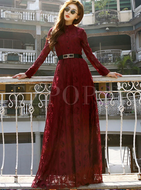 Long Sleeve Lace Belted Long Party Dress