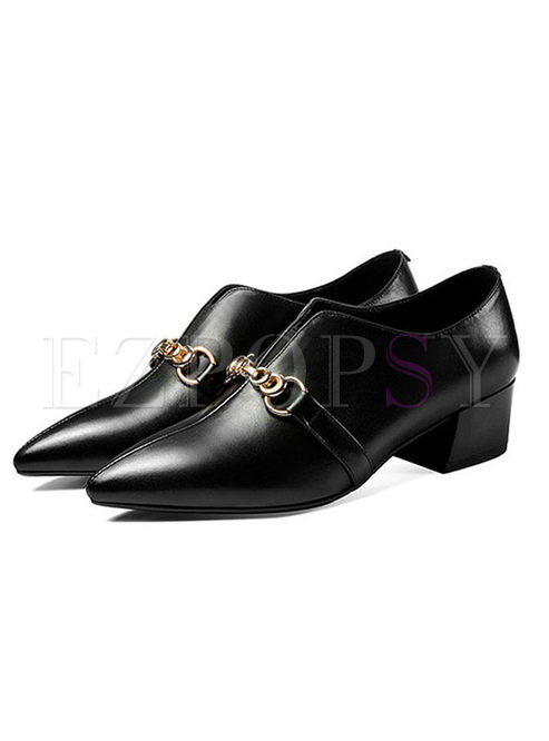 Casual Square Heel Leather Shoes With Metal