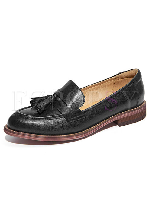 Black Vintage Tassel Low Heel Loafers