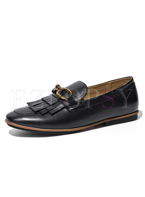 Fashion Buckle Tassel Flat Leather Loafers