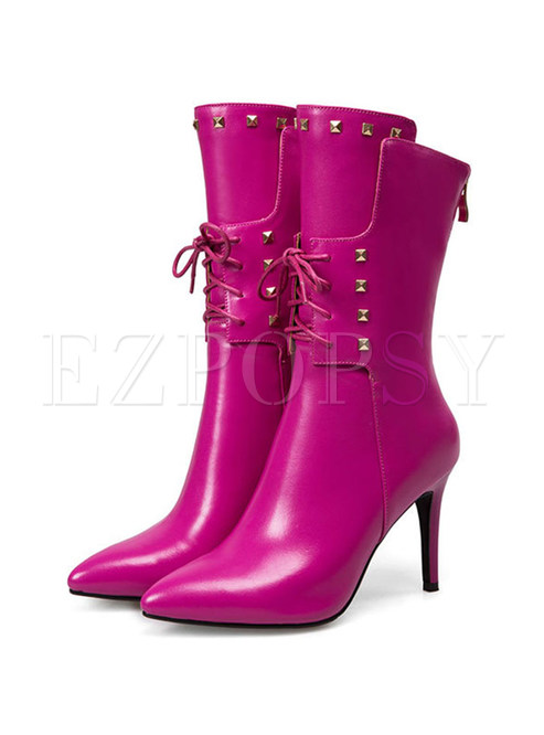 Chic Rivet Lace Up Stiletto Heel Leather Boots