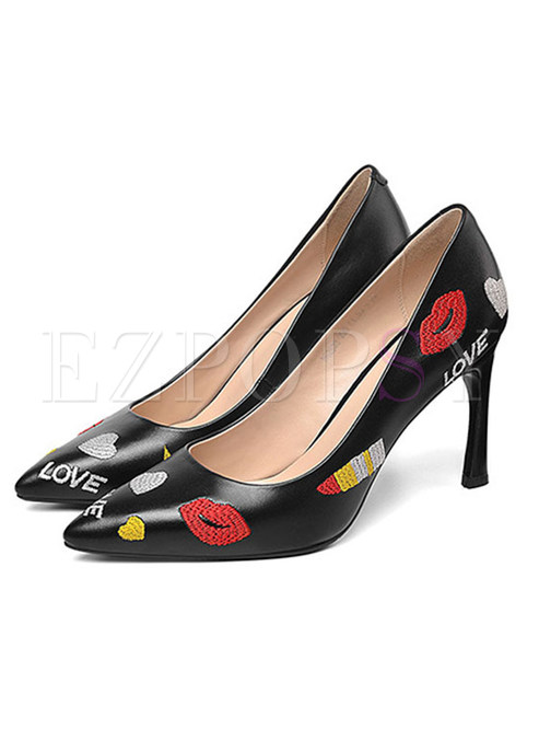 Pointed Head Print High Heel Leather Shoes