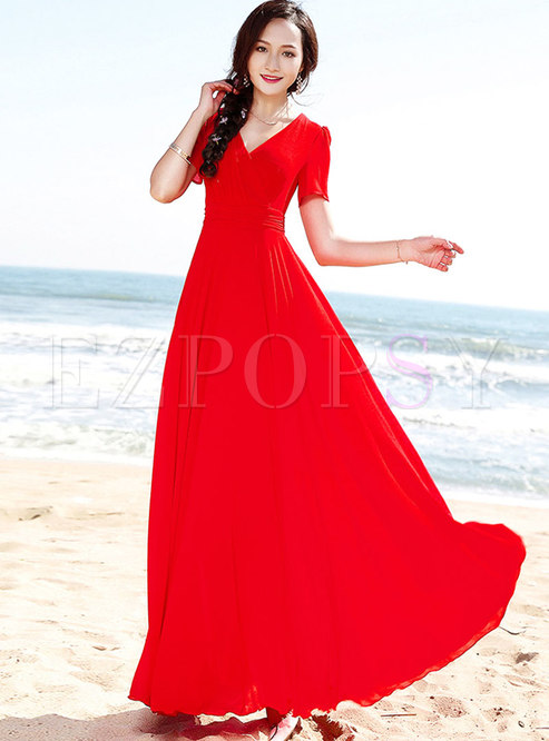 Bohemia V-neck Red Chiffon Falbala Maxi Dress