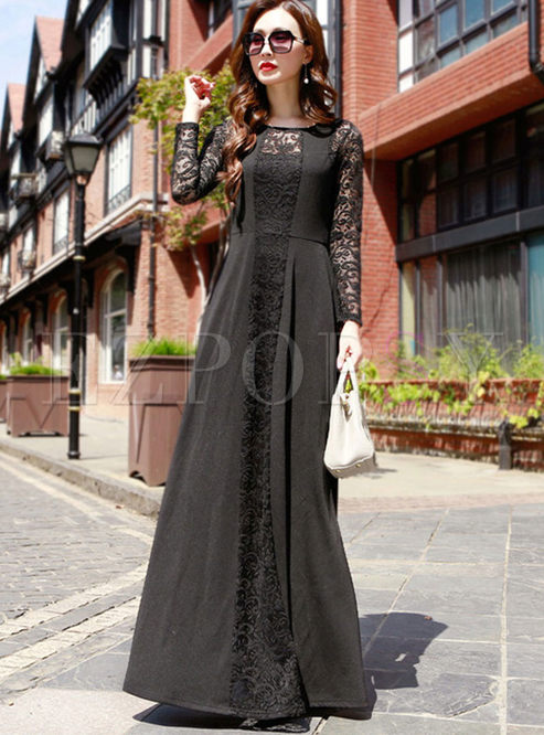 Dresses | Maxi Dresses | Fashion O-neck Lace Long Sleeve Big Hem Dress