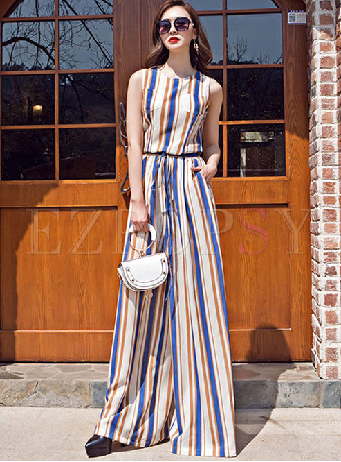 Vintage Sleeveless Striped Two Piece Outfits