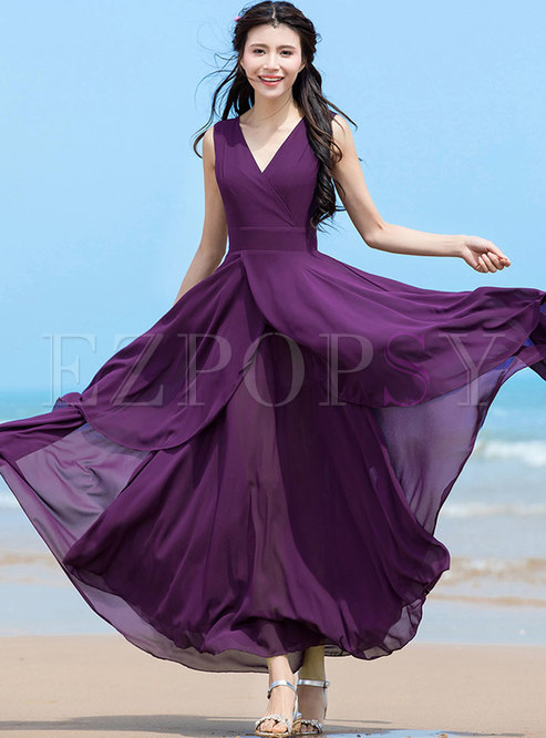 Fashion Purple V-neck Flouncing Irregular Dress