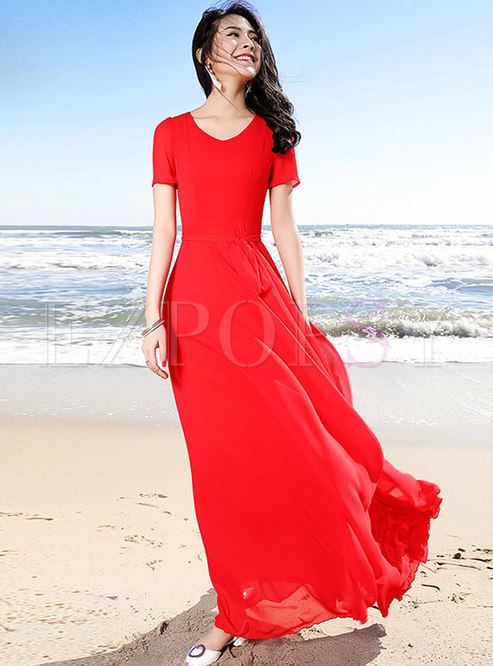 Brief Red V-neck Flouncing Big Hem Maxi Dress