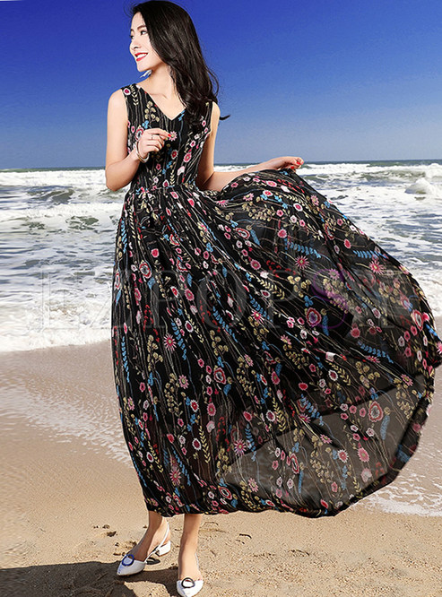 Fashion Floral Print Zippered Tied Maxi Dress 