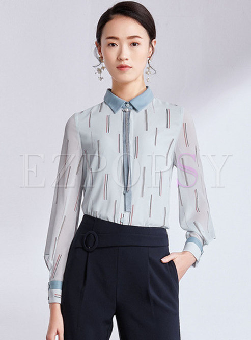 Chic Print Lapel Tie Single-breasted Blouse