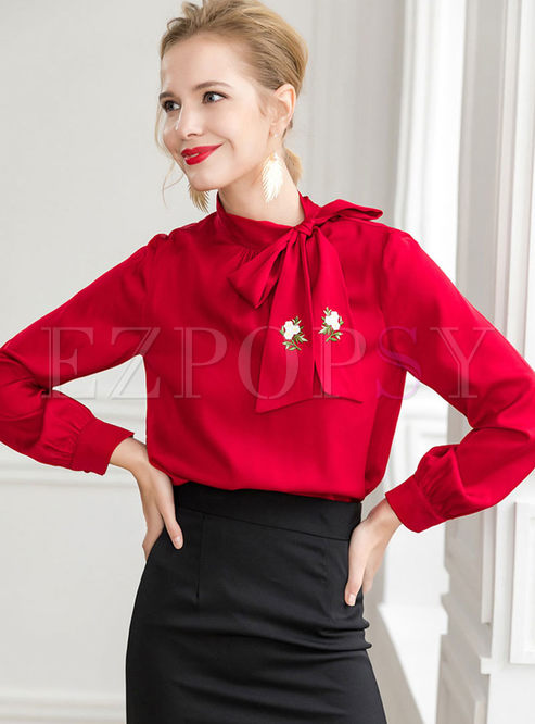 Standing Collar Bowknot Tied Blouse