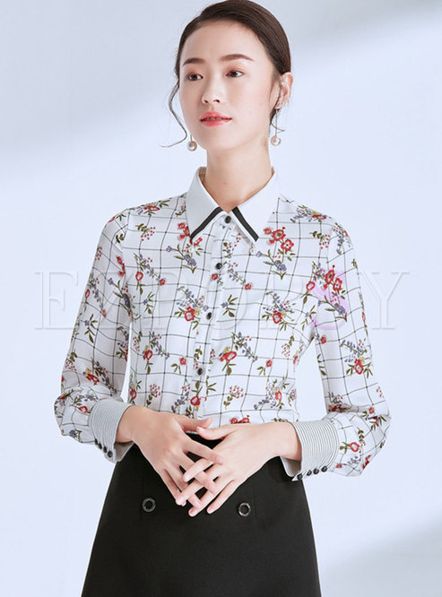 Plaid Floral Lapel Single-breasted Blouse