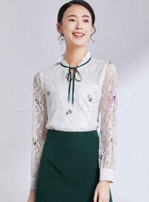 Lace Embroidered Stand Collar Slim Blouse