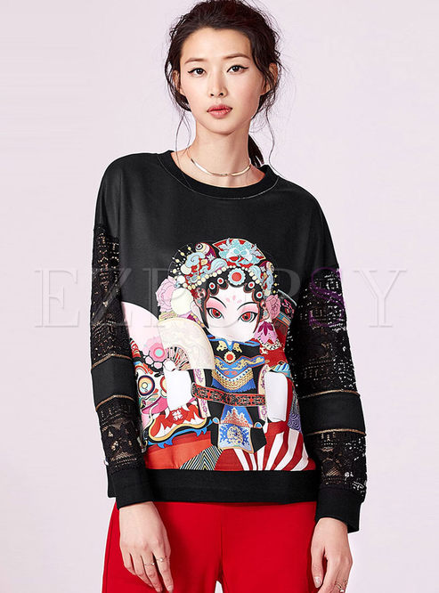 Long Sleeve Peking Opera Pattern T-shirt