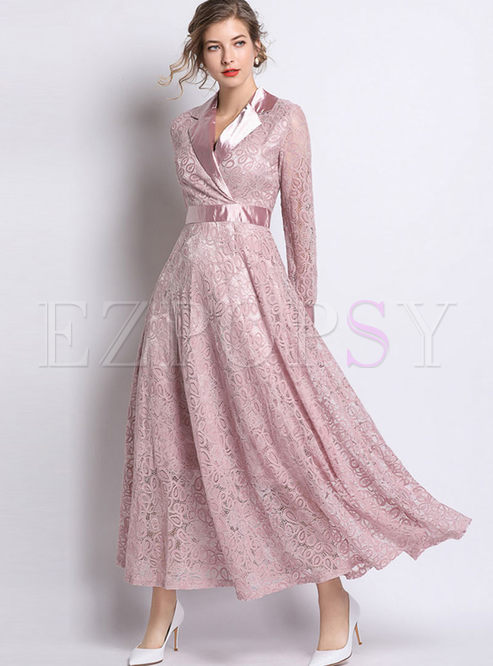 Dresses | Maxi Dresses | Stylish Lapel Long Sleeve Waist Big Hem Dress