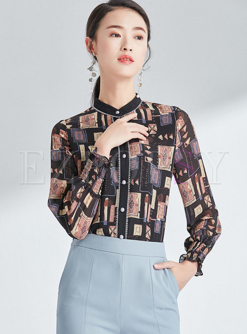 Elegant Print Stand Collar Single-breasted Blouse