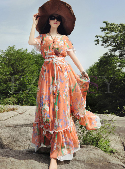 Trendy Print Lace Tied Raglan Sleeve Maxi Dress