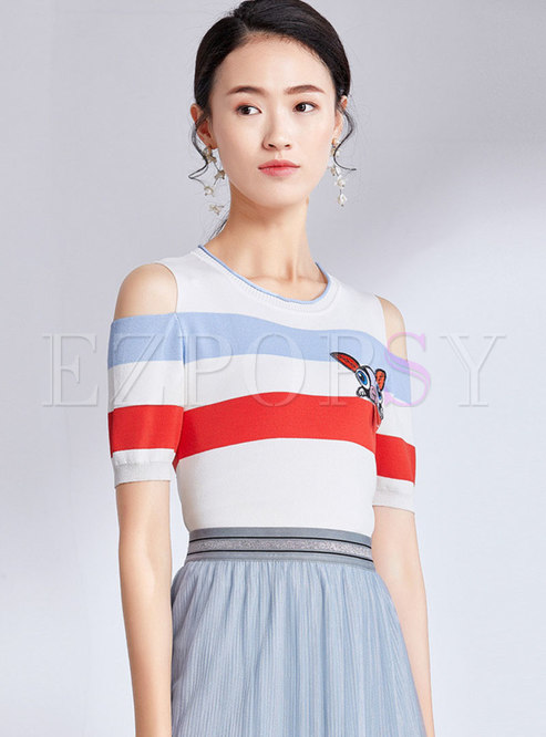 Striped Off Shoulder Cartoon Pattern Knitted Top