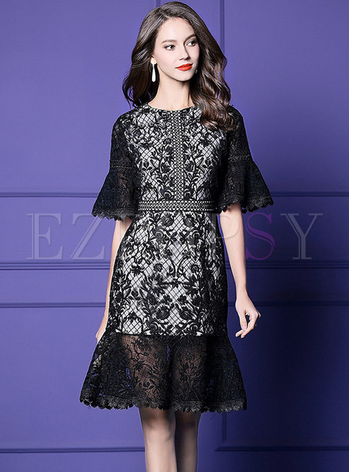 Embroidered Lace Flare Sleeve Mermaid Dress