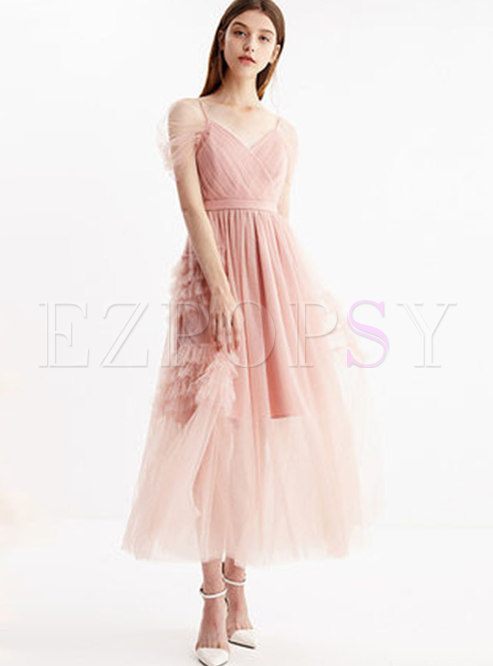 Stylish Pink V-neck Gathered Waist Gauze Slip Dress