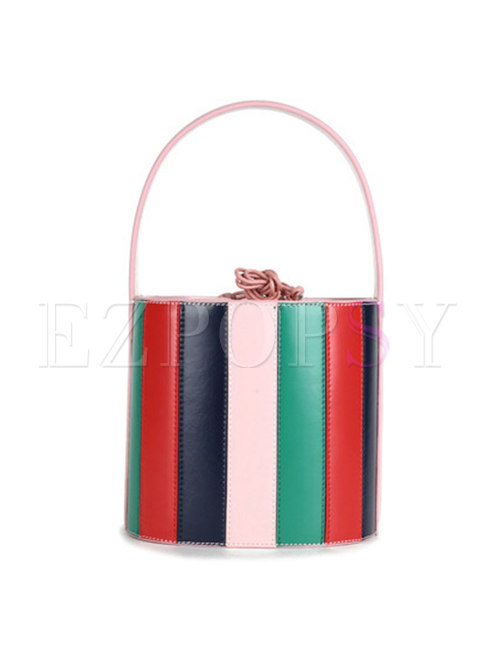 Stylish Striped Cowhide Leather Barrel Bag
