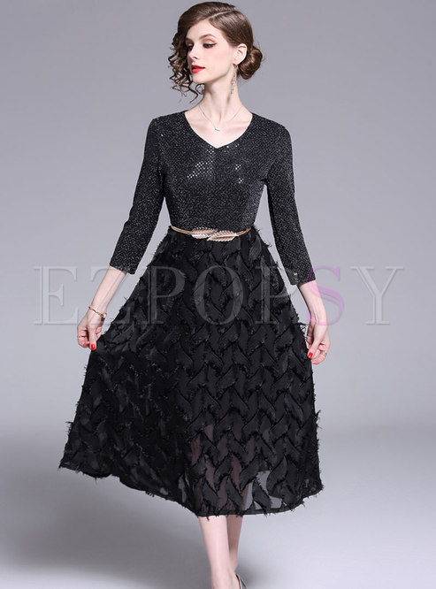 Trendy Feather Sequined Splicing Tassel Skater Dress