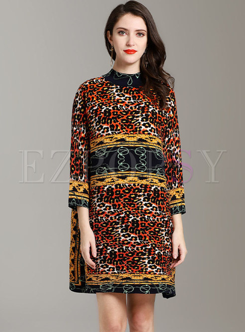 Vintage Leopard Stand Collar Pleated Mini Dress