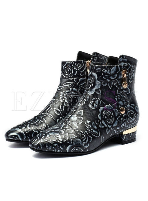 Chic Zippered Leather Print Short Boots