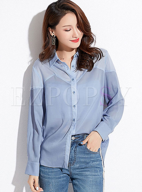Color-blocked Lapel Single-breasted Blouse
