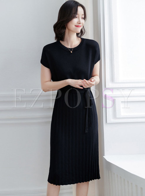 Elegant Black Tied Pleated Sheath Knitted Dress